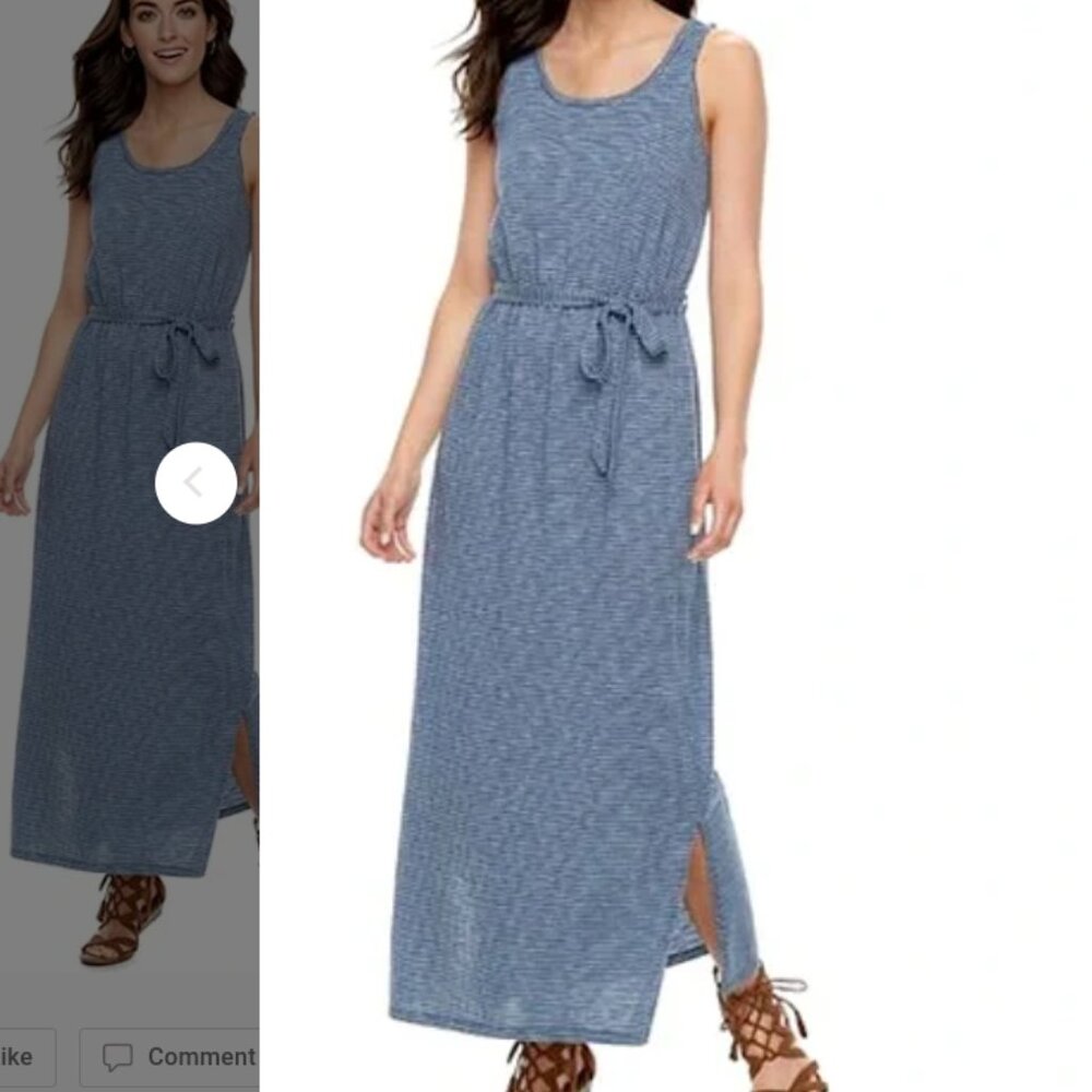 Sonoma Crew Neck Nautical Preppy Blue White Stripe Maxi Dress No Belt XL Vegan
